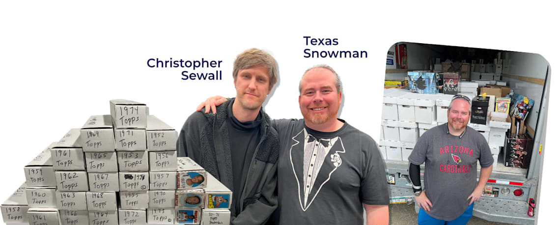 Texas Snowman and Chris Sewell Standing in front of a large, recently-acquired card collection